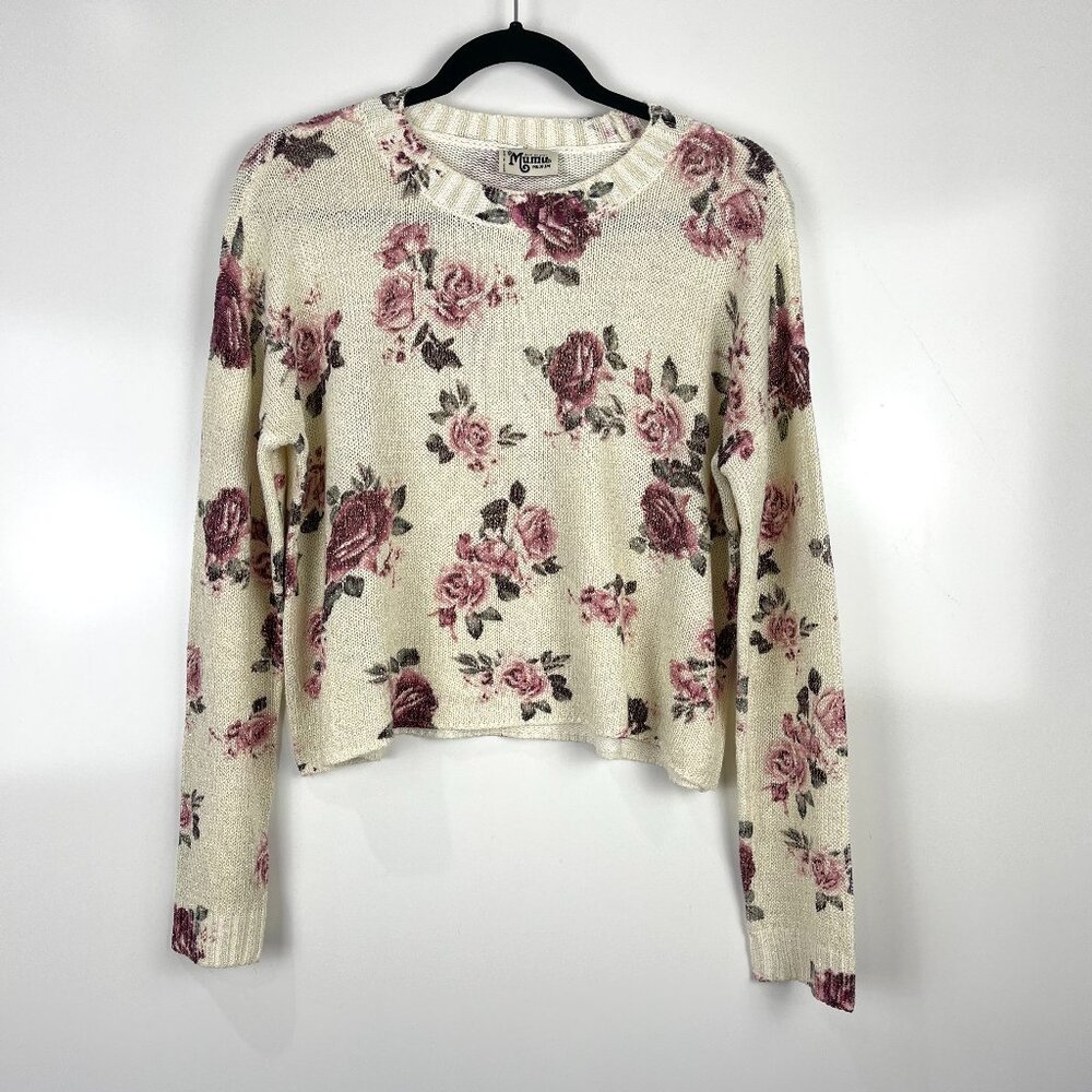 Show Me Your Mumu Varsity Sweater Floral Cropped Long Sleeve Women's Medium